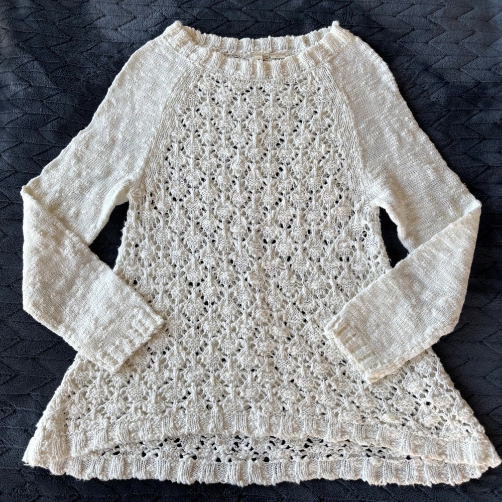 Moth‎ Anthropologie Women XS Cream Cotton Open Knit Pointelle Sweater Pullover
